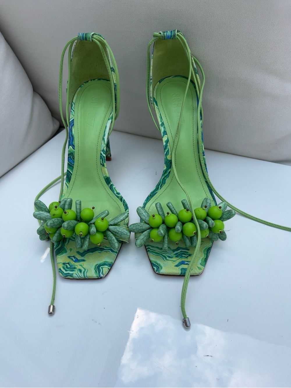 Schutz Tasha Lime Green Embellished Lace Up Open Toe Stiletto High Heel Sandal 9 - Picture 7 of 8